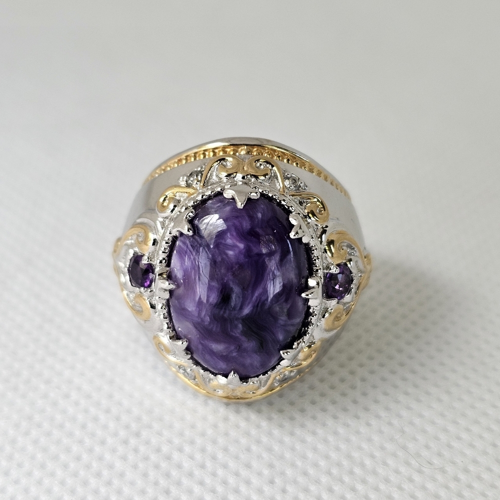 Genuine Charoite & Amethyst Ring Palladium Sterling Silver 18k YG Size 6.5! - Picture 3 of 9